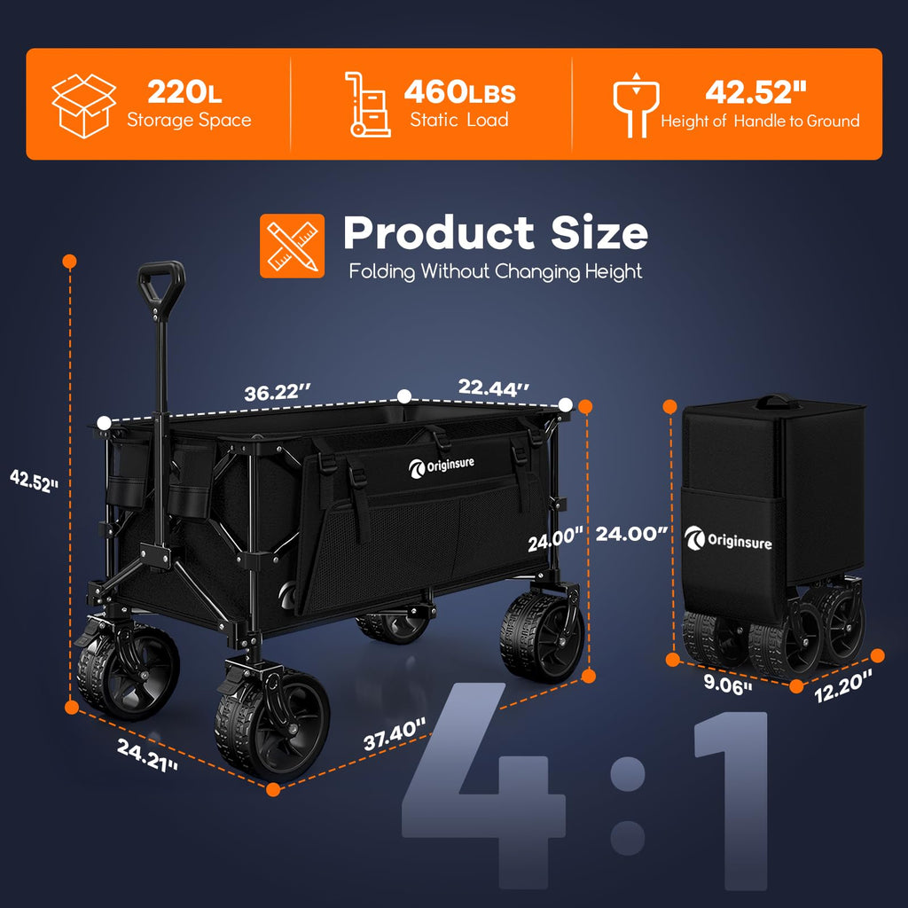 220L Collapsible Beach Wagon Cart with Big Wheels, Black X250257