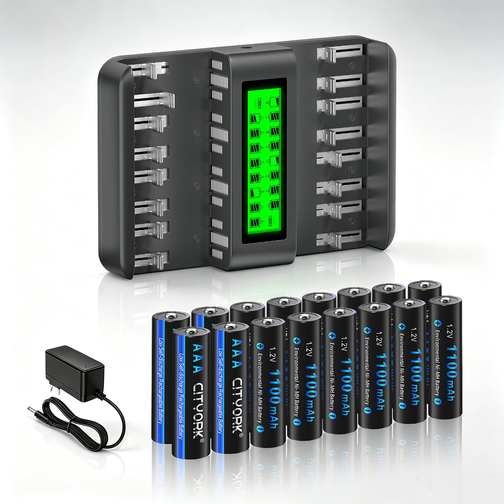 16 Pack AAA 1100mAh NiMH Batteries with 16 Bay LCD Battery Charger M4883