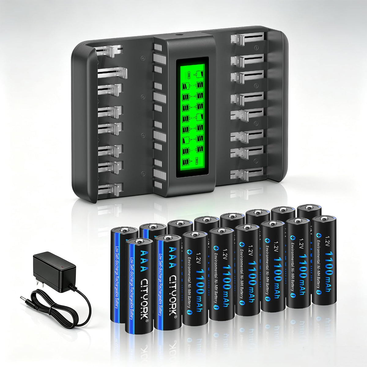 16 Pack AAA 1100mAh NiMH Batteries with 16 Bay LCD Battery Charger M4883