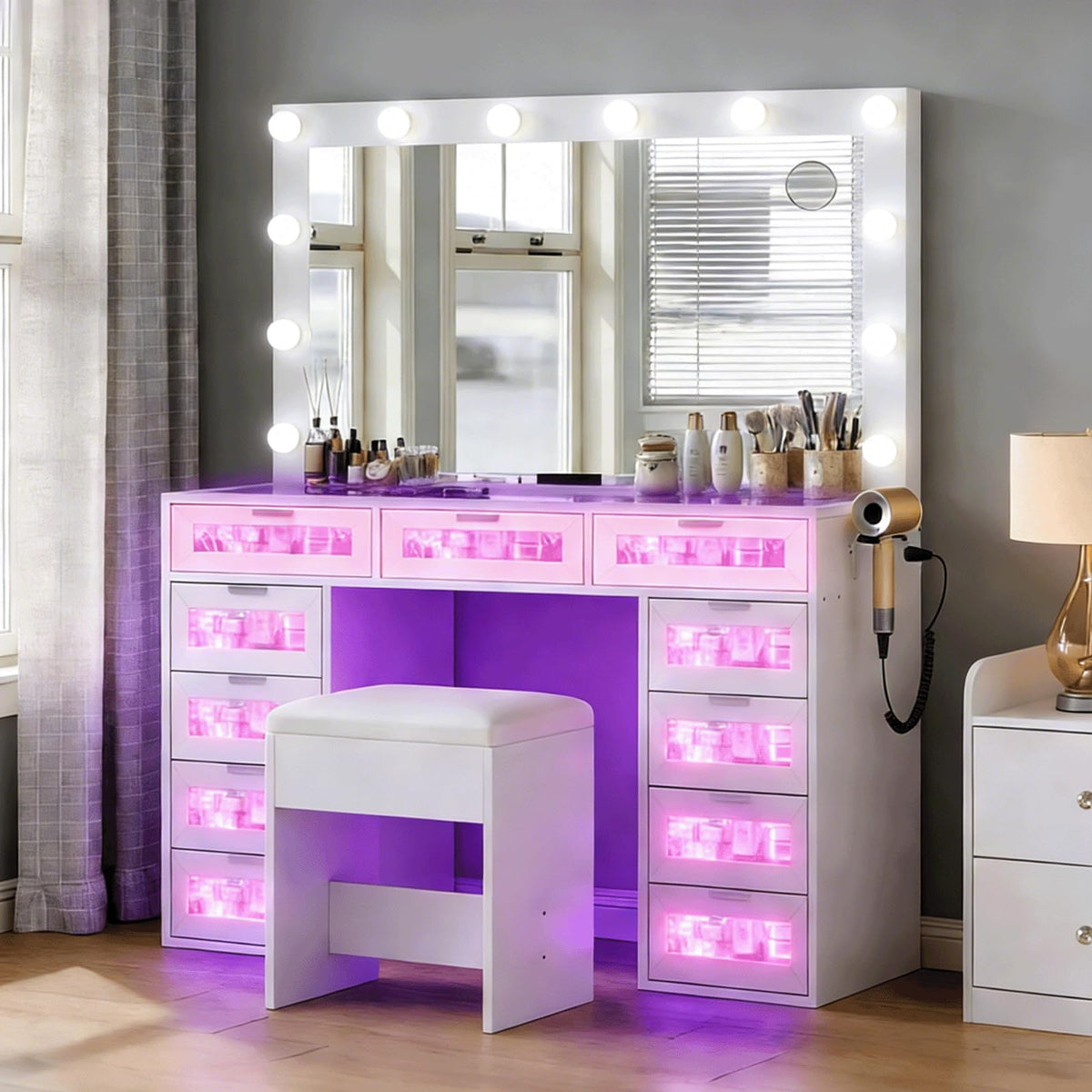 White Vanity Desk with Illuminated Mirror and Power Outlet D981