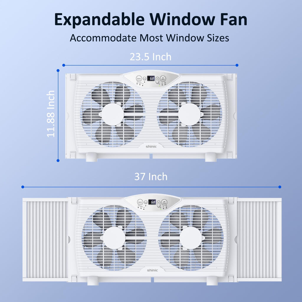 Twin Window Fan, 9-Inch Blades Reversible Airflow, Thermostat Control, 3 Speeds, 23.5"-37" Expandable Width V193