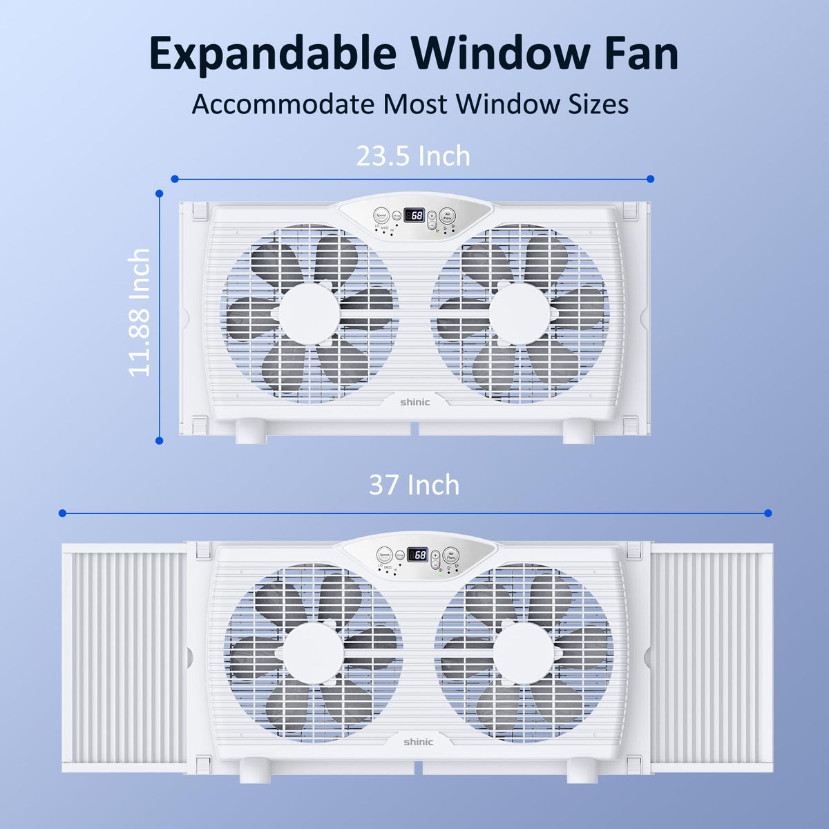 Twin Window Fan, 9-Inch Blades Reversible Airflow, Thermostat Control, 3 Speeds, 23.5"-37" Expandable Width V193