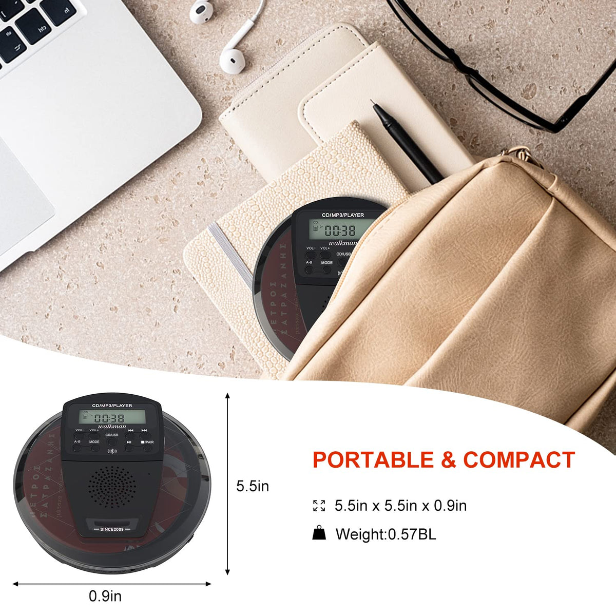 Rechargeable Portable CD Player with Bluetooth A302