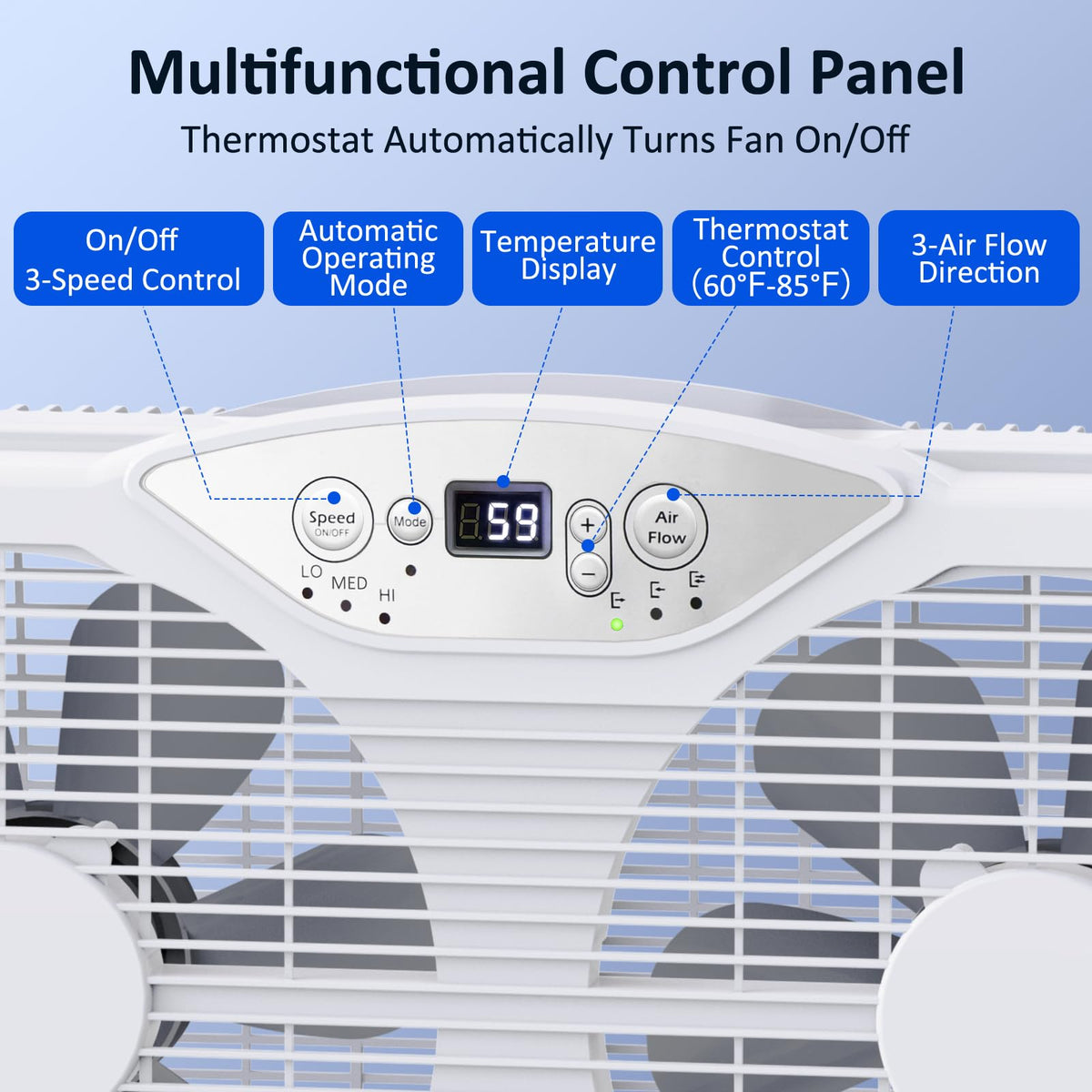 Twin Window Fan, 9-Inch Blades Reversible Airflow, Thermostat Control, 3 Speeds, 23.5"-37" Expandable Width V193