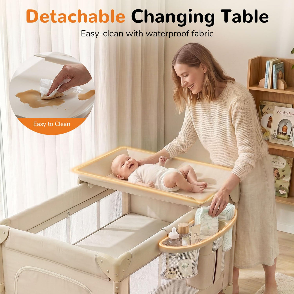 4 in 1 Foldable Pack and Play with Bassinet and Changing Table, Beige V8363