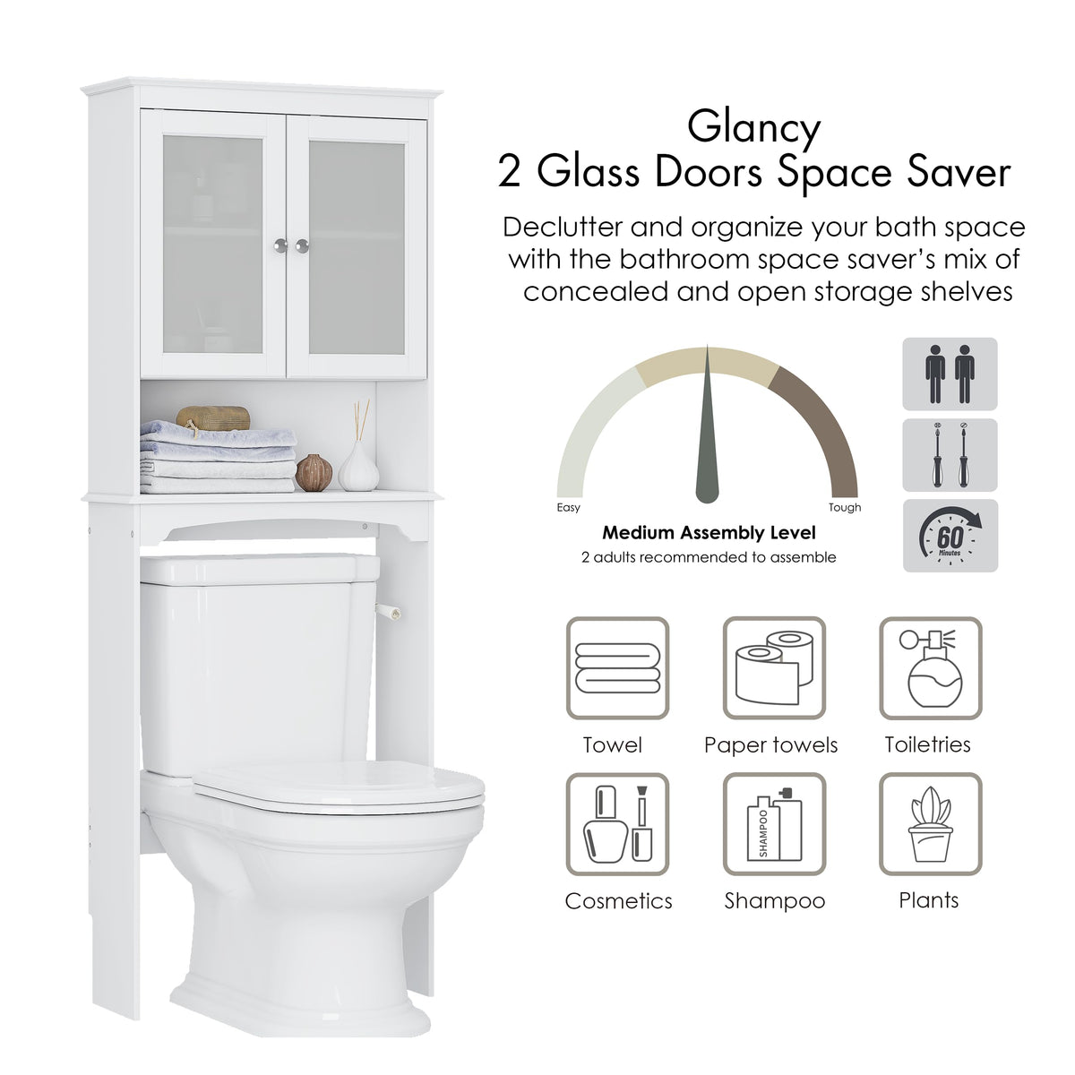 Over the Toilet Storage Cabinet with Tempered Glass Doors P282