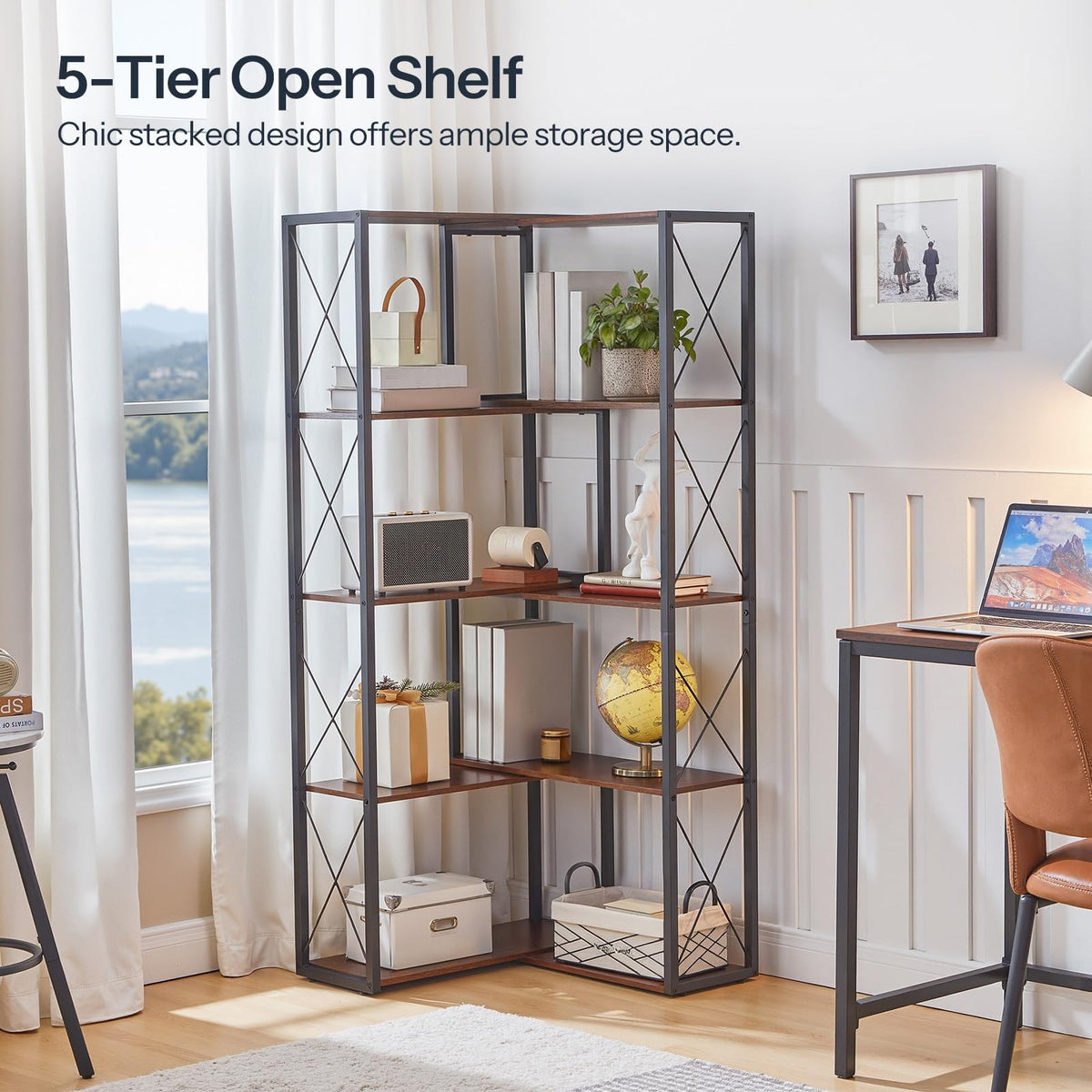 5-Tier Rustic Brown and Black Corner Bookshelf Z7917