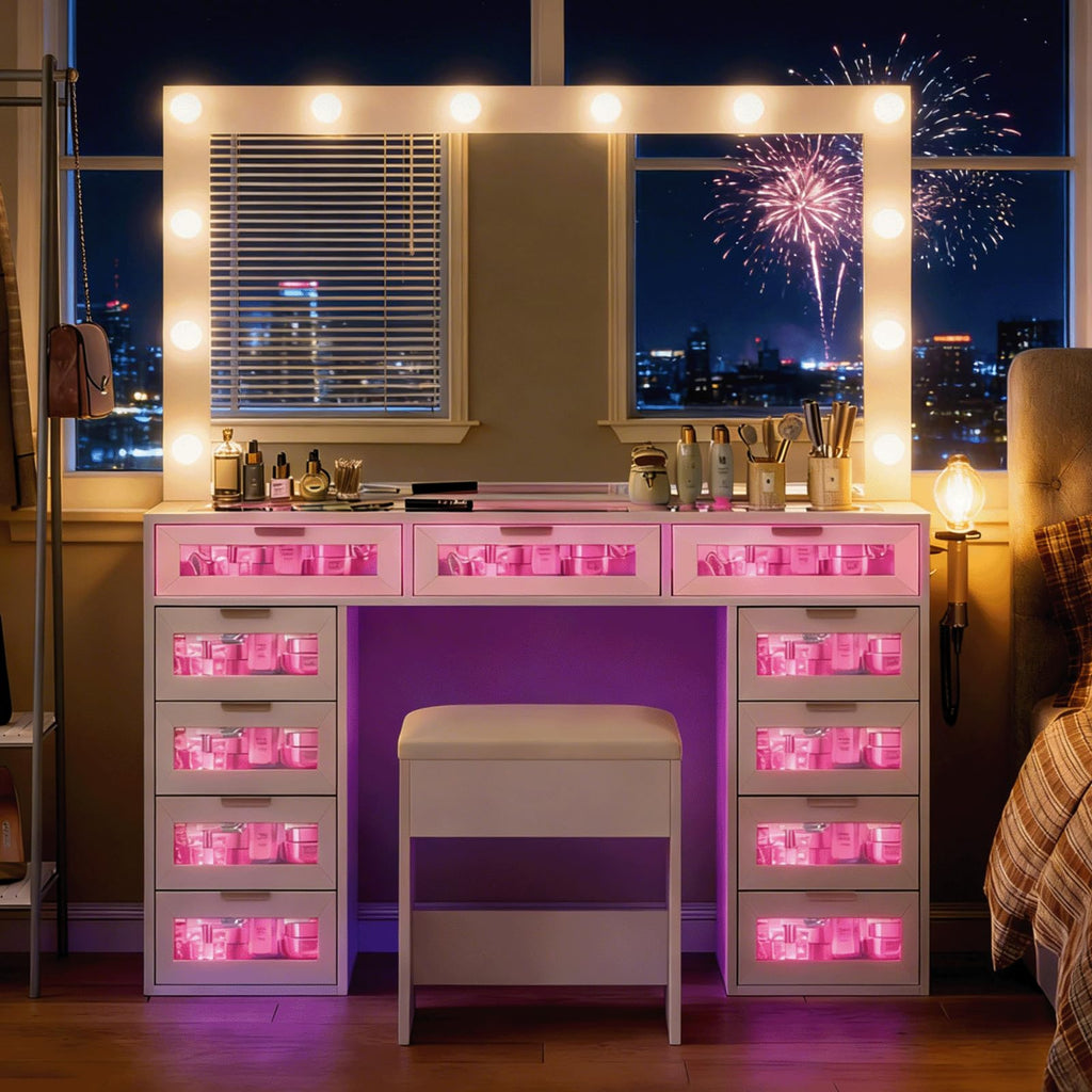 White Vanity Desk with Illuminated Mirror and Power Outlet D981