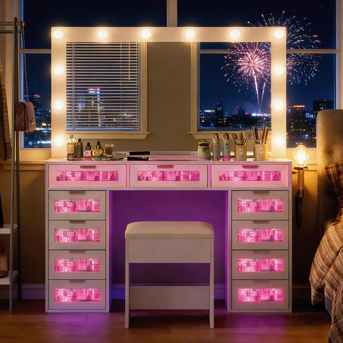 White Vanity Desk with Illuminated Mirror and Power Outlet D981