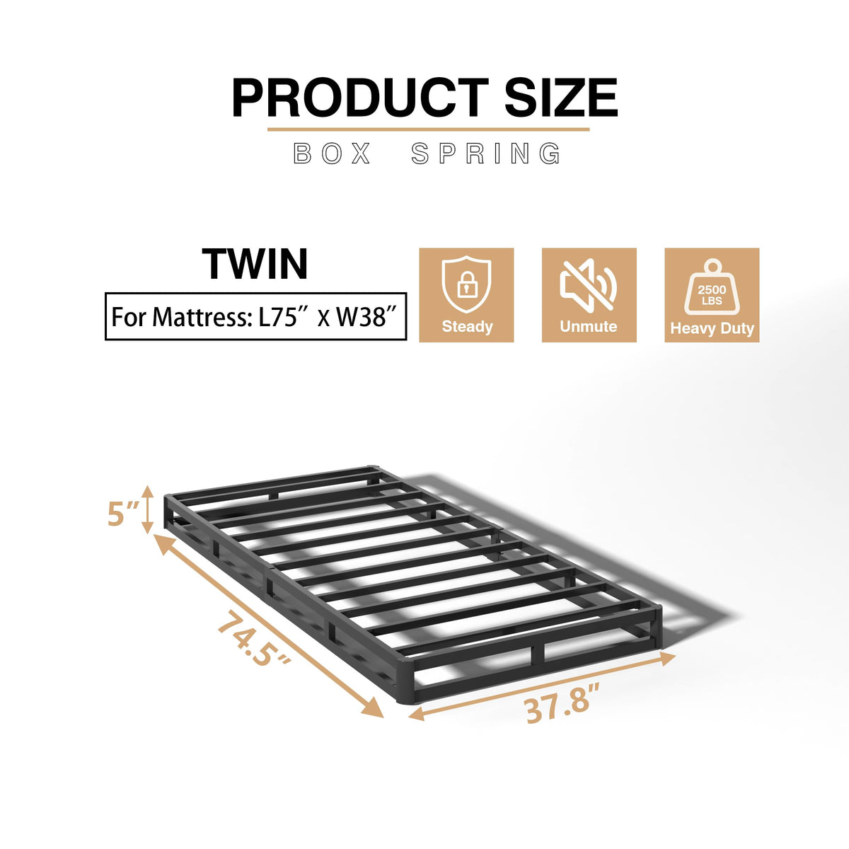 5 Inch Twin Box Spring, Heavy Duty Metal Mattress Foundation, 2500 lbs Capacity S582