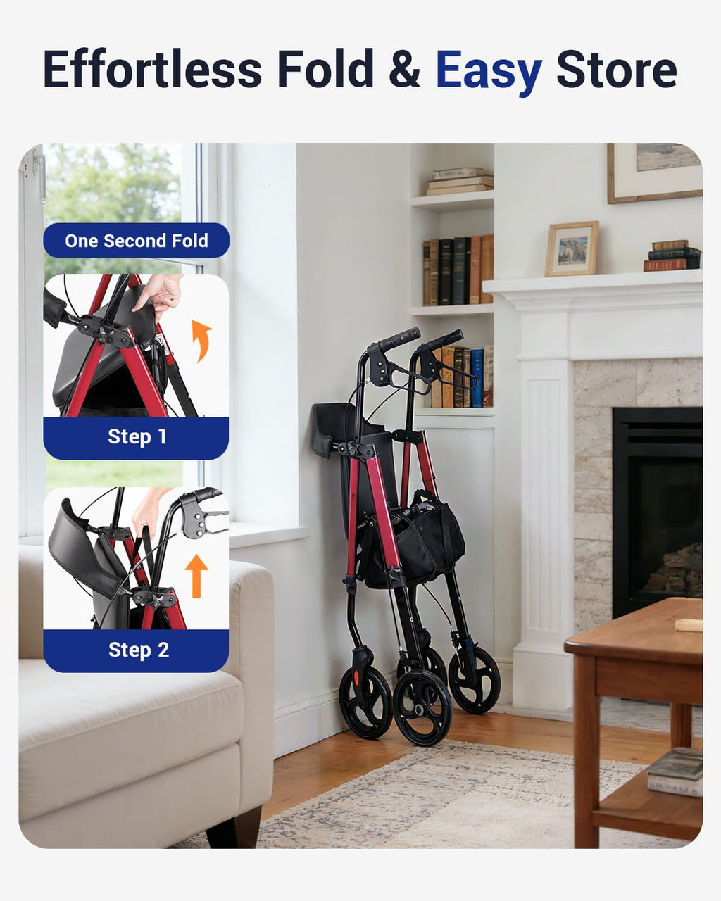 Red 350 lb Capacity Foldable Rollator Walker with Seat Z517