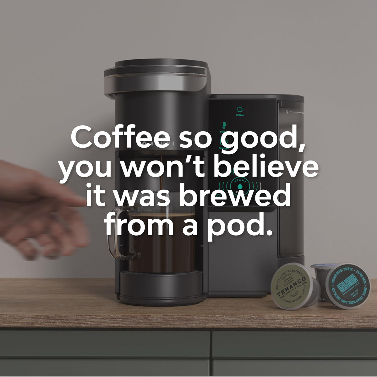 Single-Serve Coffee Maker with 20 Dark Roast Pods, Touchscreen, WiFi, 70 oz Tank, Black Q45401