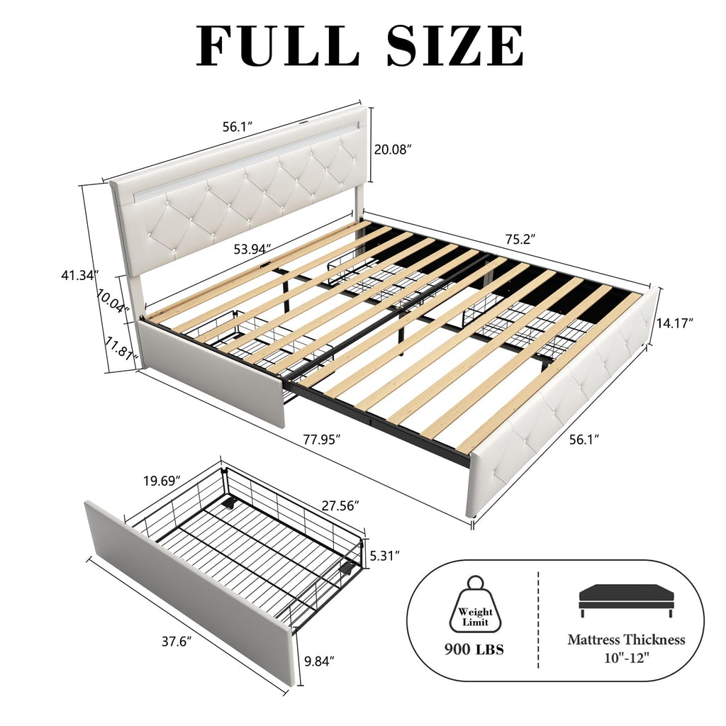 Full Size Bed Frame with LED Light and Storage Drawers N8486
