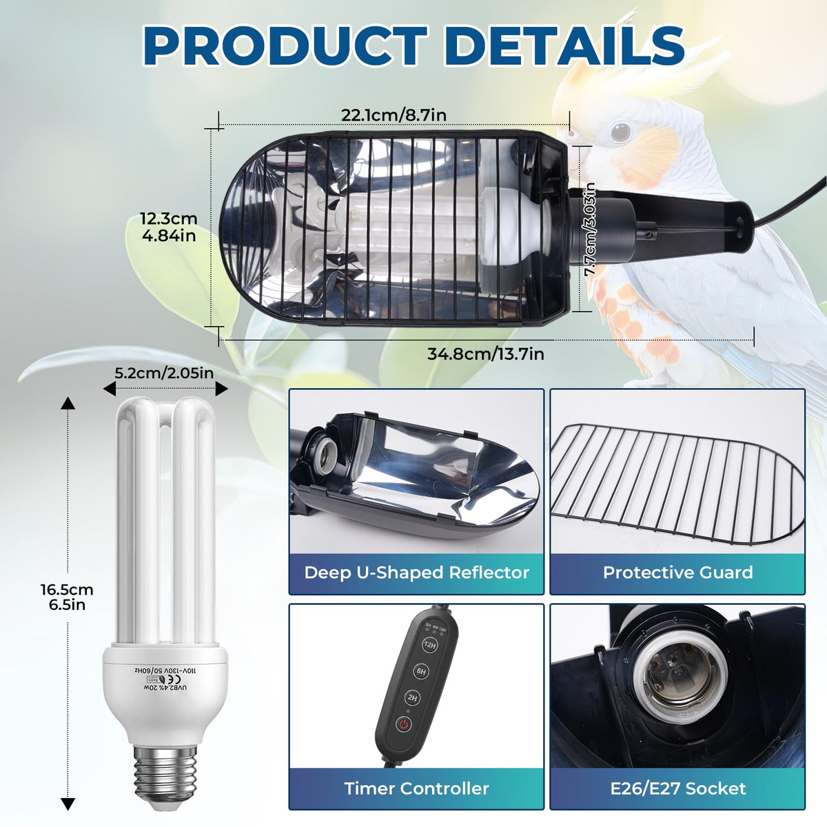 2.4% UVB Bird Cage Light Fixture Combo Kit with Adjustable Timer H97456