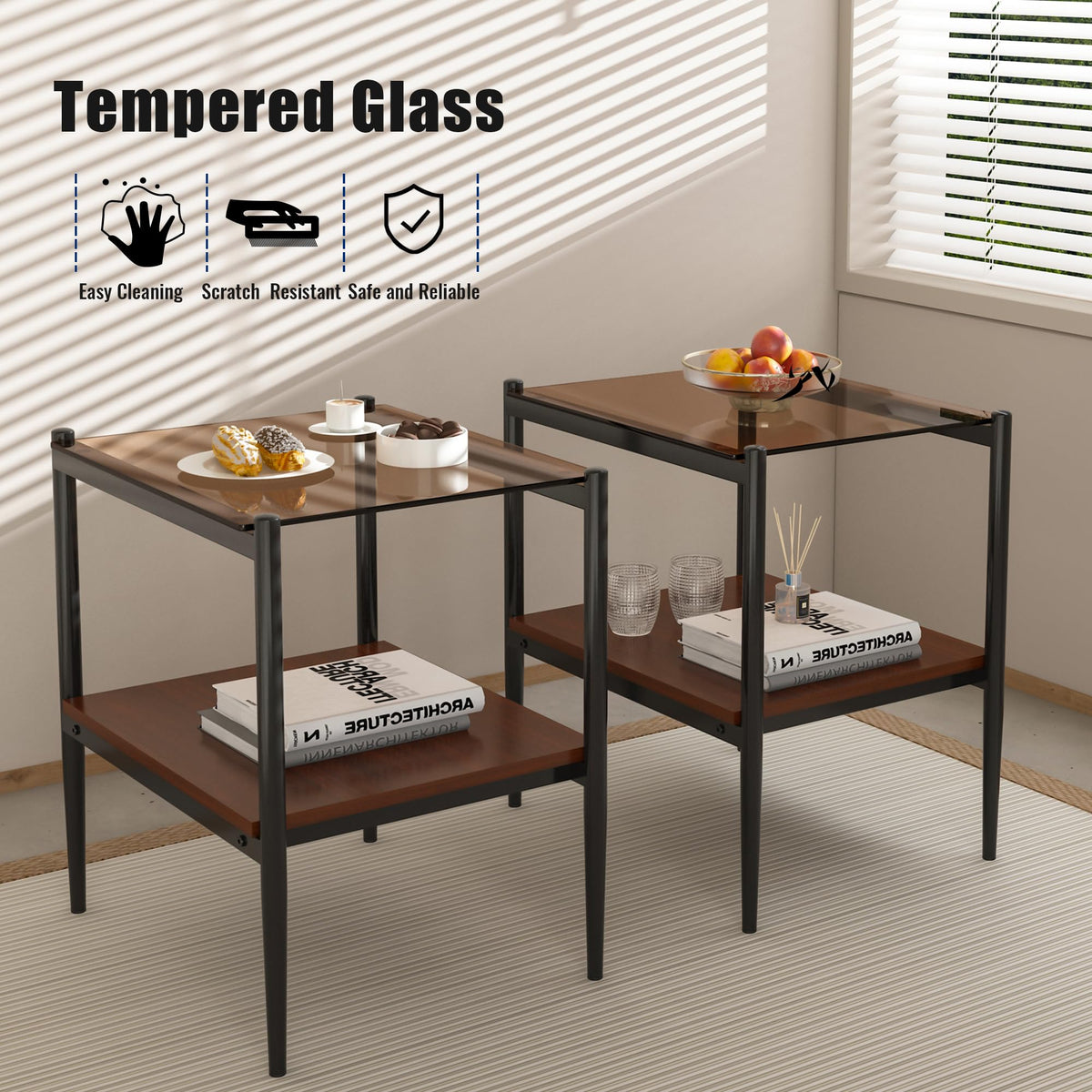 Glass End Table Set of 2 Brown Tempered Glass Black Iron Leg C18513