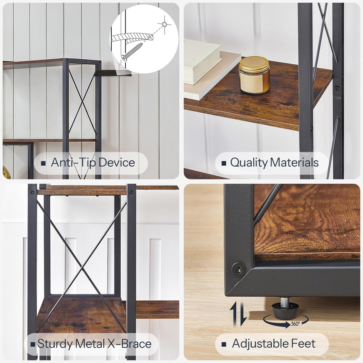 5-Tier Rustic Brown and Black Corner Bookshelf Z7917