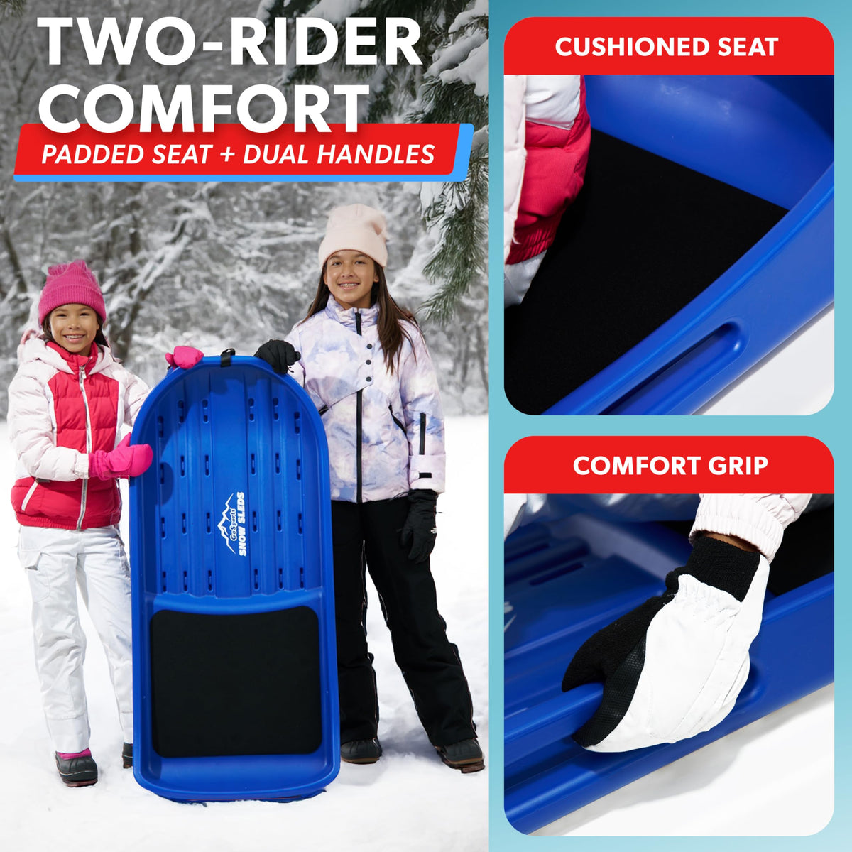 2 Person Snow Sled with Pull Strap and Padded Seat A363