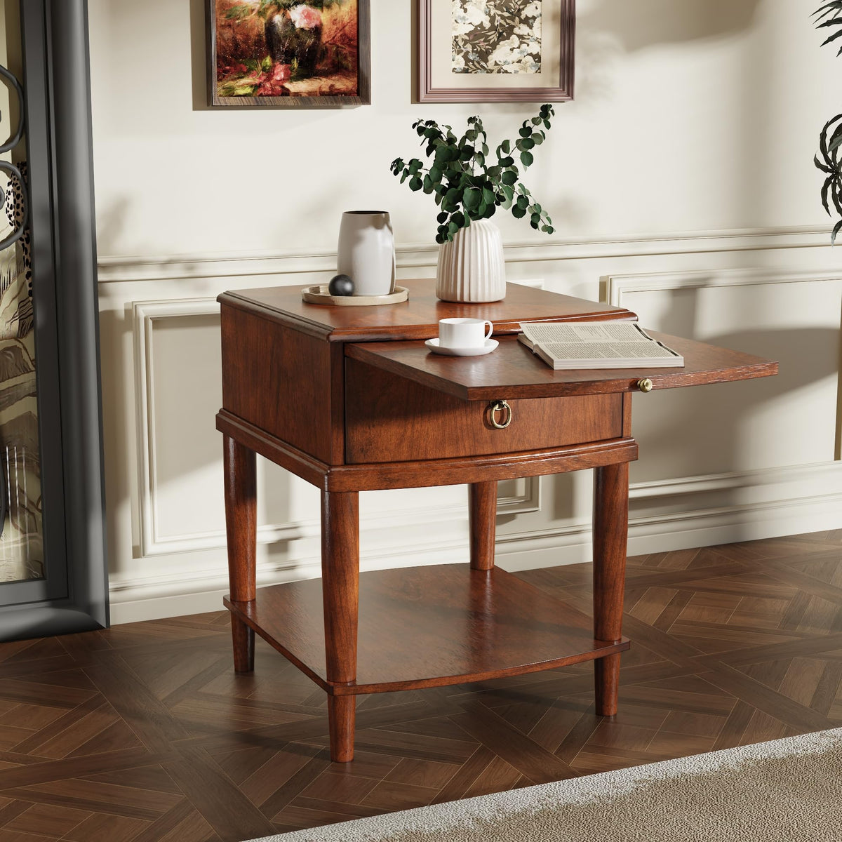Large Cherry Wood 2-Tier Side Table with Drawer and Shelf M877655