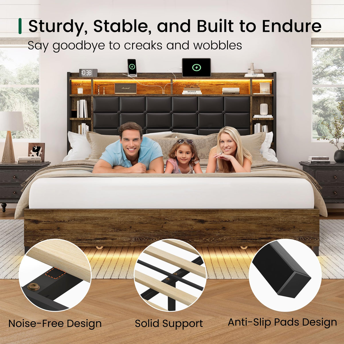 Queen Size Wooden Bed Frame with Storage Drawers W77854