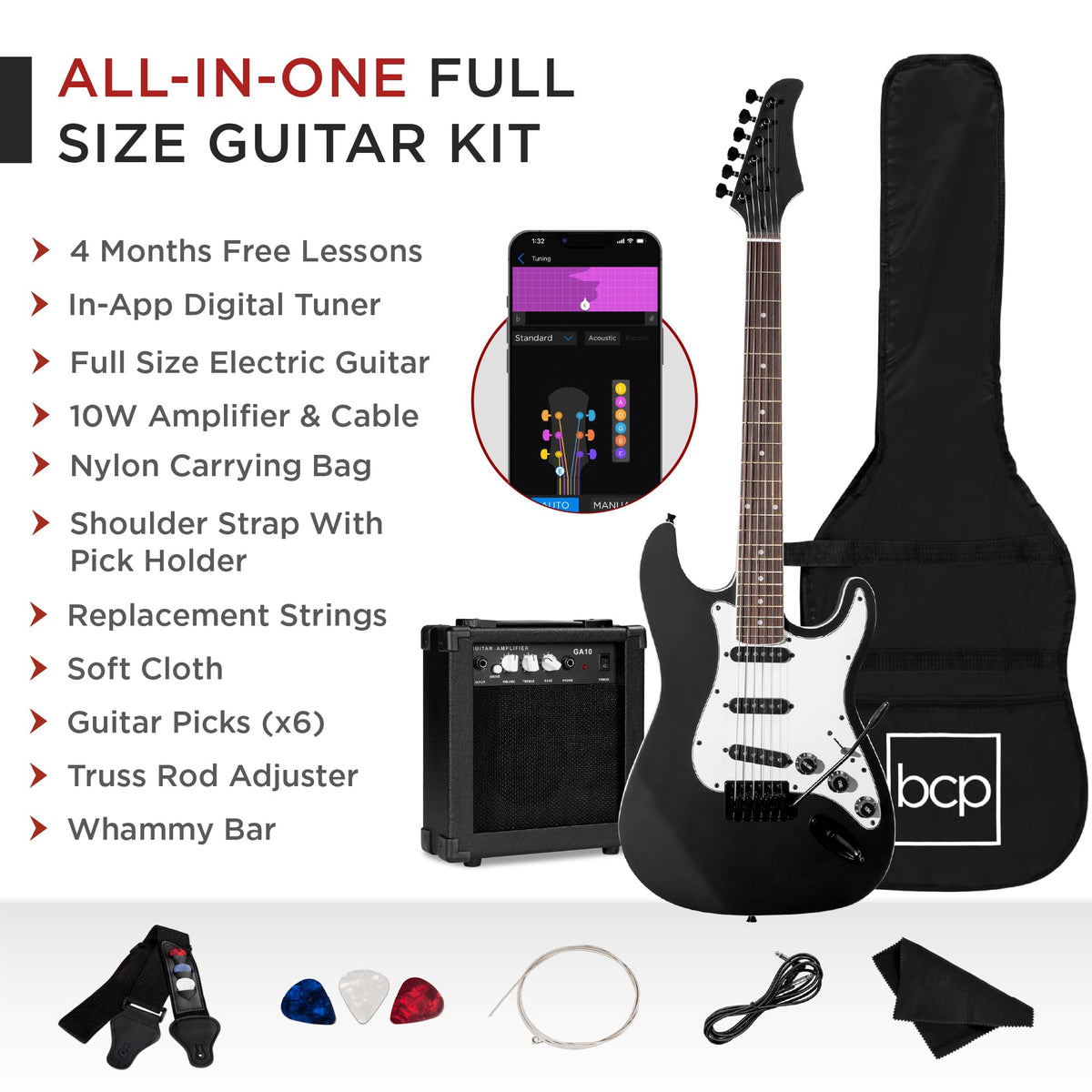 39in Full Size Beginner Electric Guitar Starter Kit with Case, Amp, Strings, Pick - Jet Black J84457