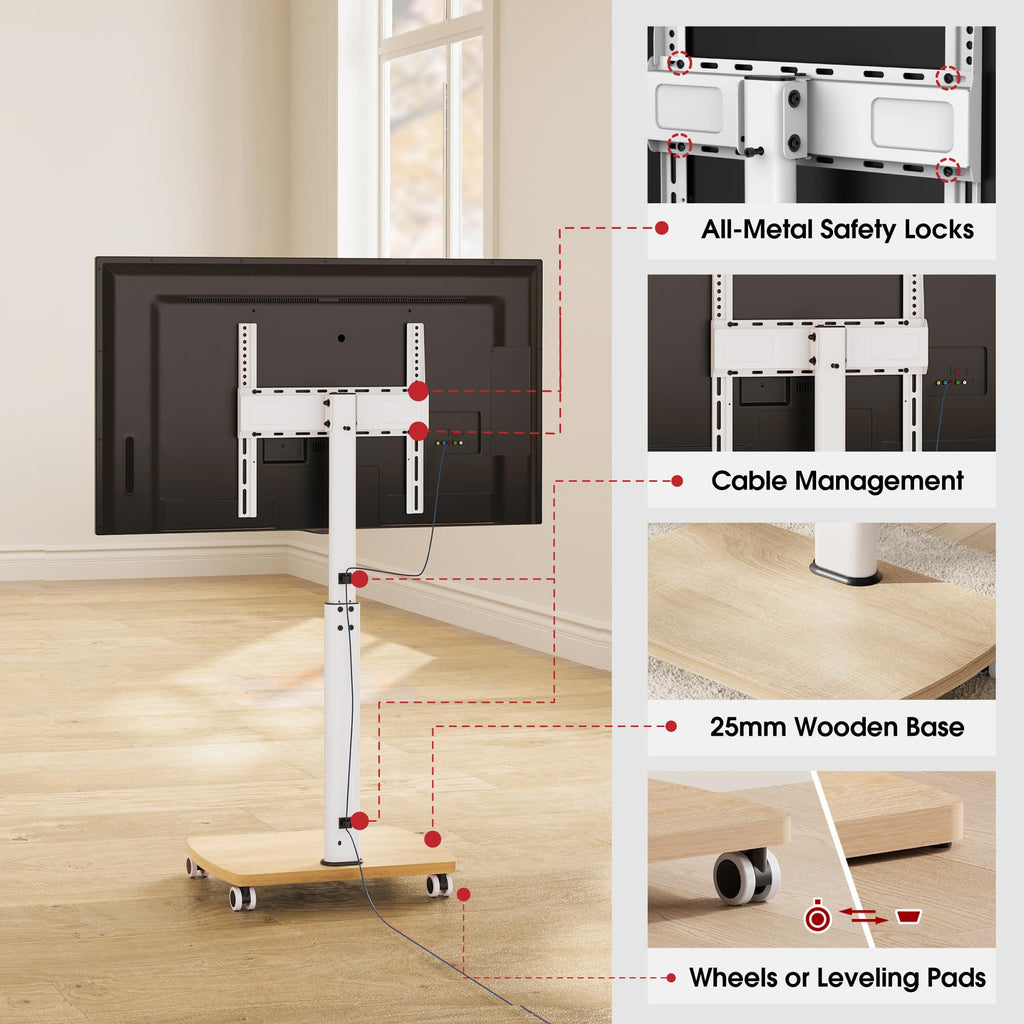 Rolling TV Stand for 32-65 Inch TVs, Height Adjustable with Swivel & Tilt Mount W653293