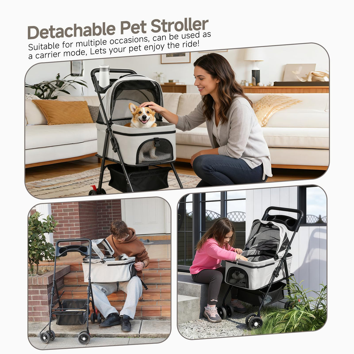 4 Wheels Foldable Pet Stroller with Detachable Carrier M618