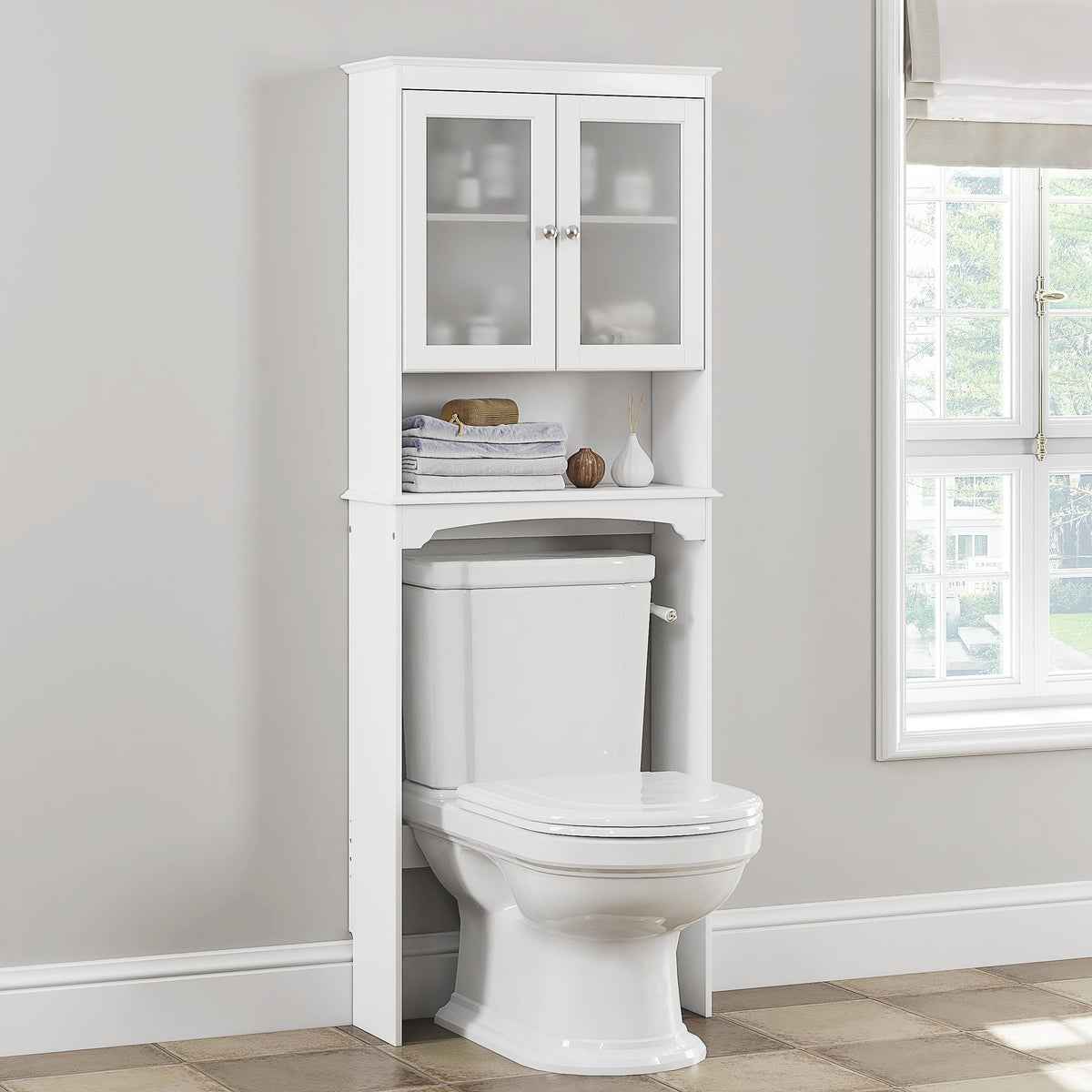 Over the Toilet Storage Cabinet with Tempered Glass Doors P282