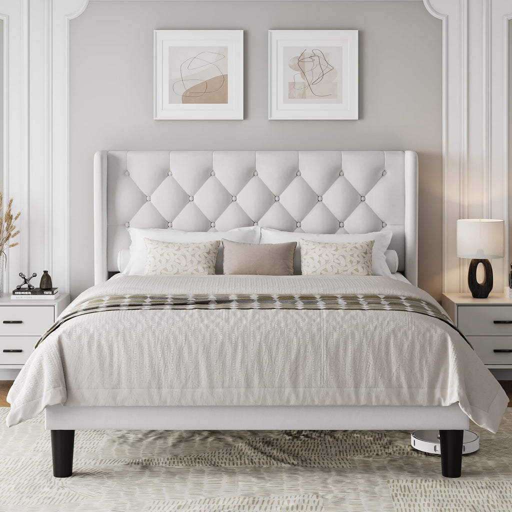 Queen Size Velvet Upholstered Platform Bed Frame with Wingback Headboard S27932