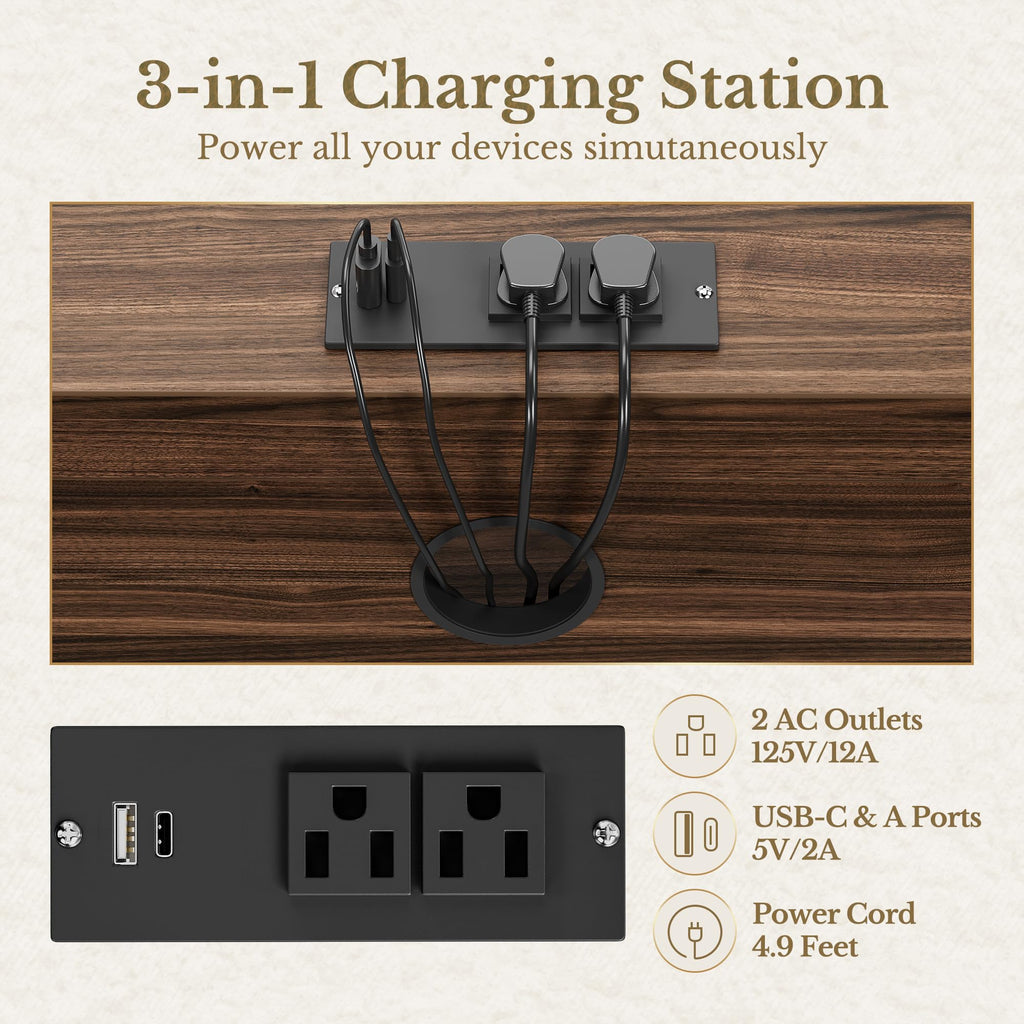 Black 3 Drawer Wood File Cabinet with Charging Station H220