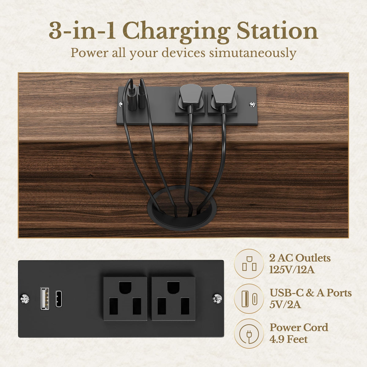 Black 3 Drawer Wood File Cabinet with Charging Station H220