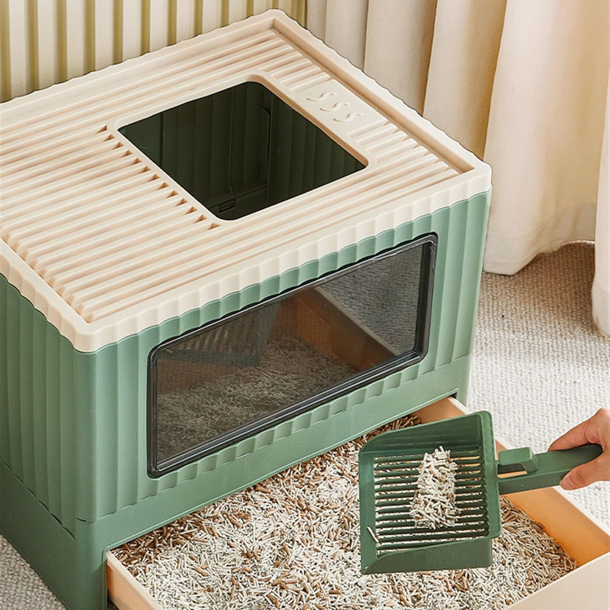 Top Entry Cat Litter Box with Lid Foldable Drawer Type Green A529923