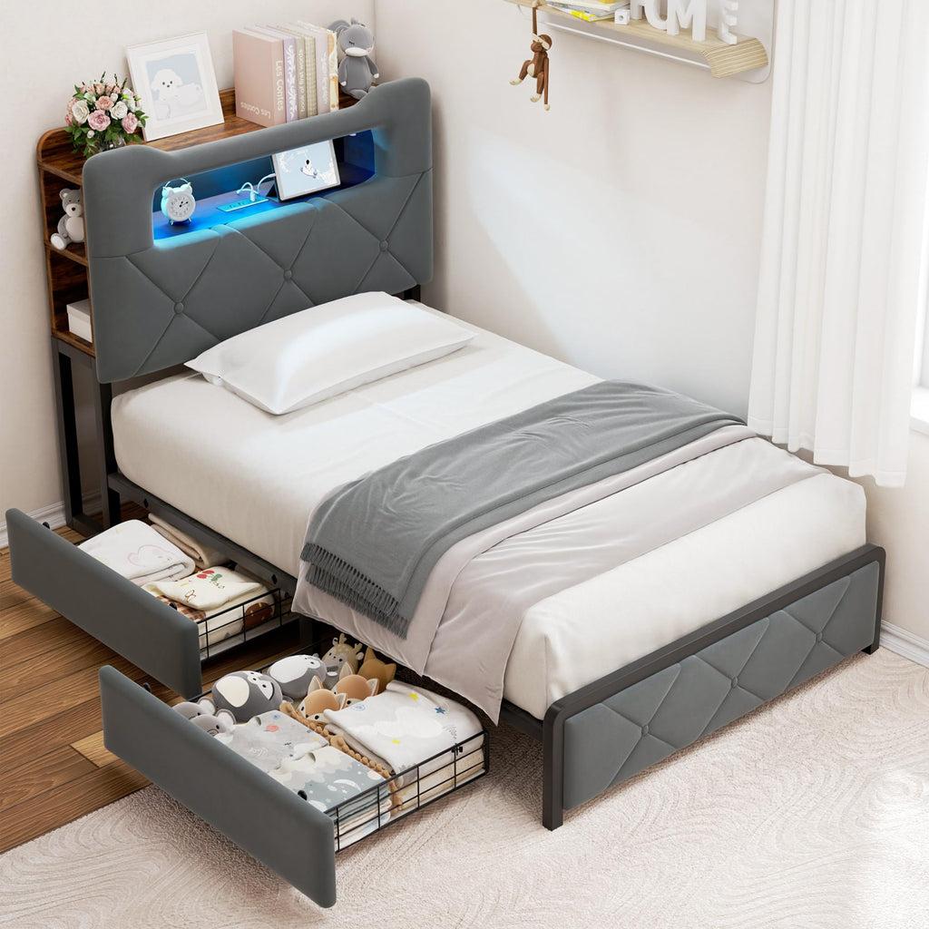 Twin Upholstered Velvet Platform Bed Frame with 2 Storage Drawers C3030