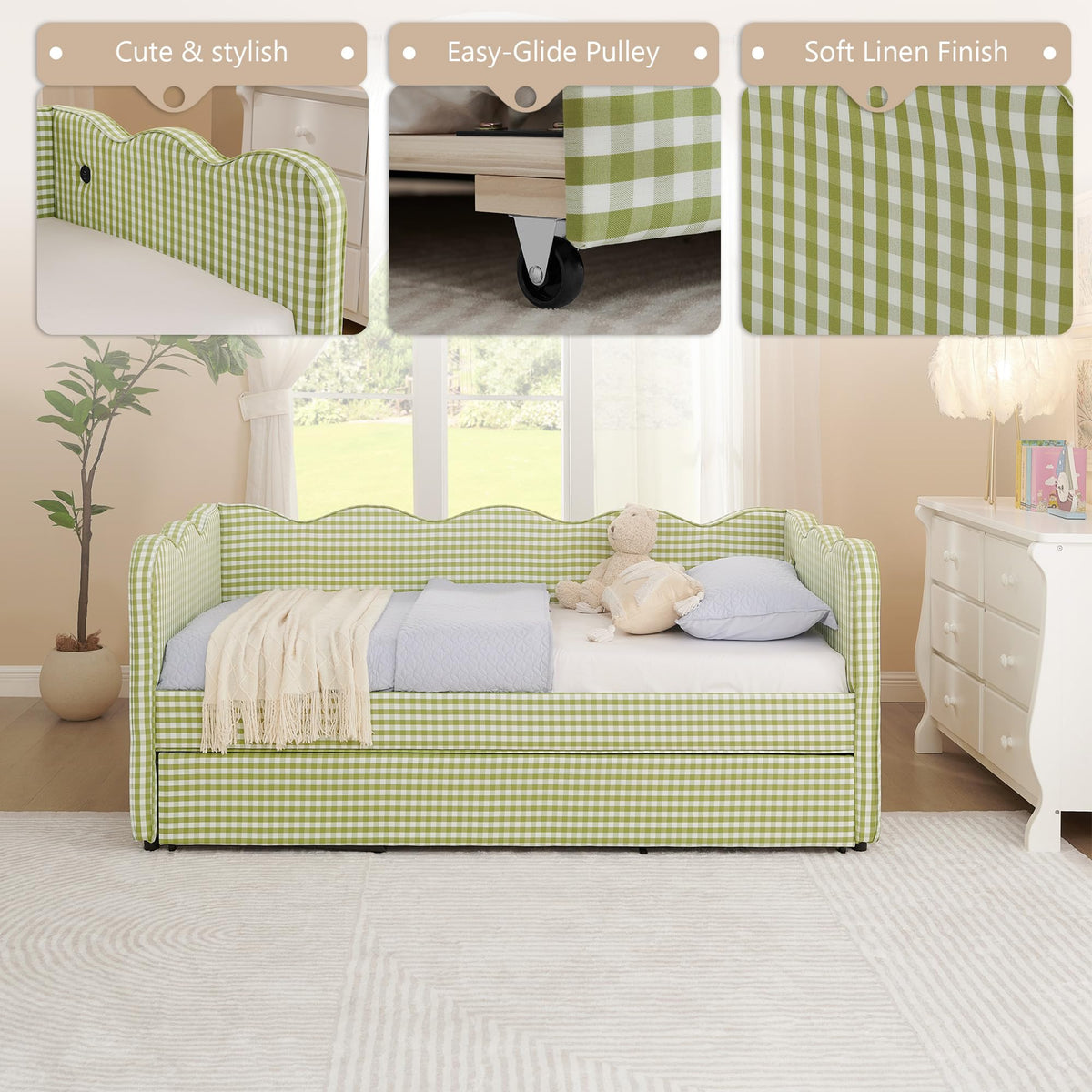 Twin Gingham Upholstered Daybed with Pop Up Trundle Bed O401