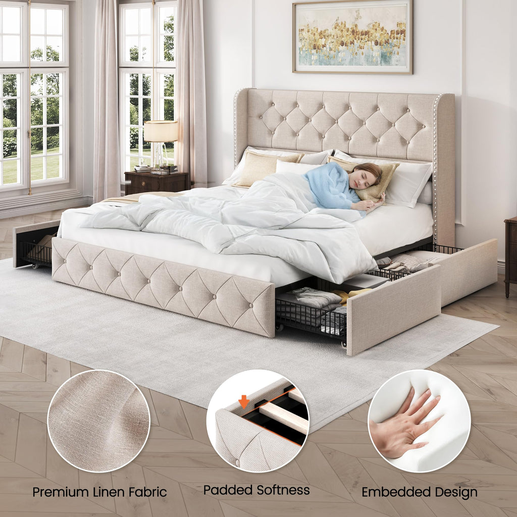 Queen Size Linen Upholstered Platform Bed Frame with 4 Storage Drawers S358783