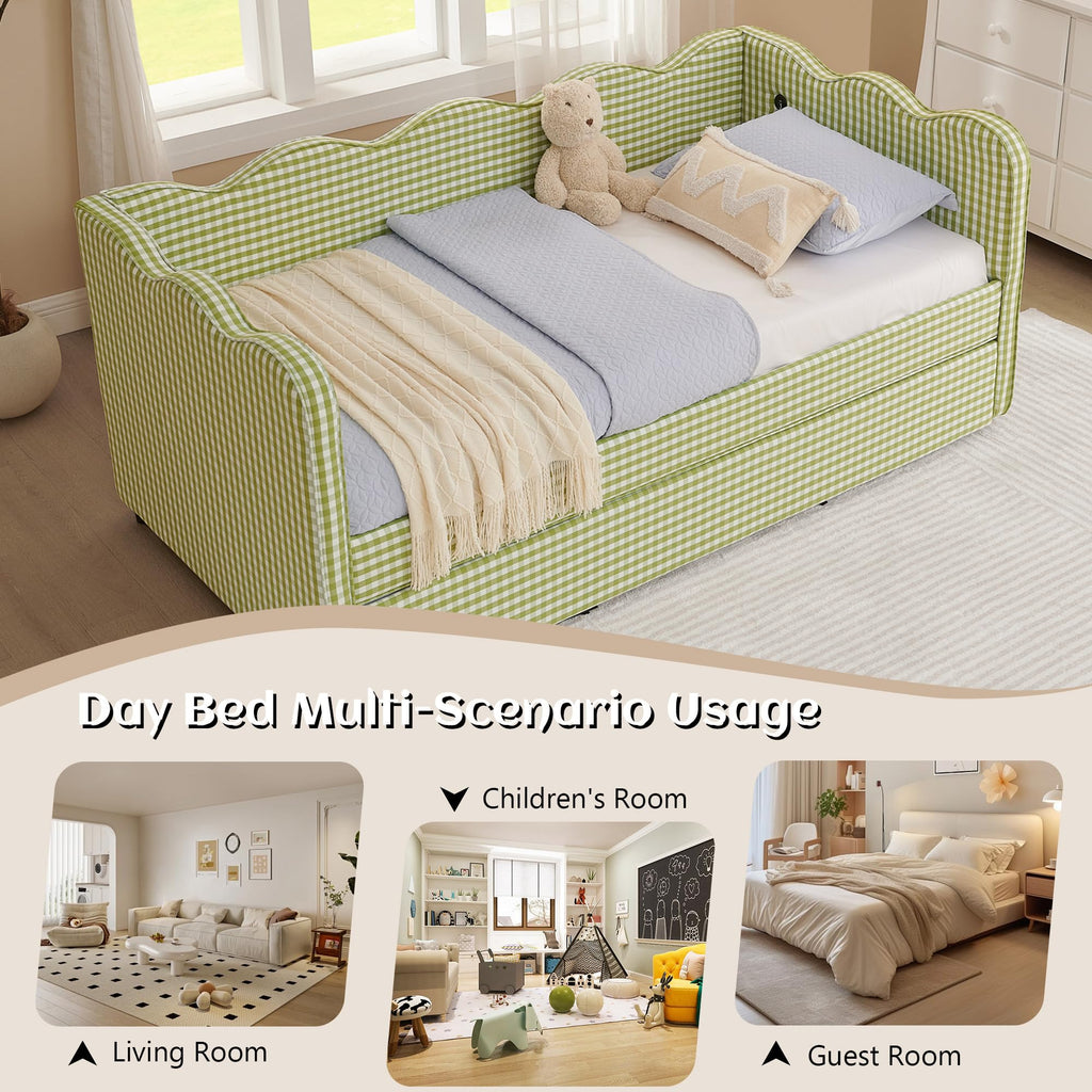 Twin Gingham Upholstered Daybed with Pop Up Trundle Bed O401