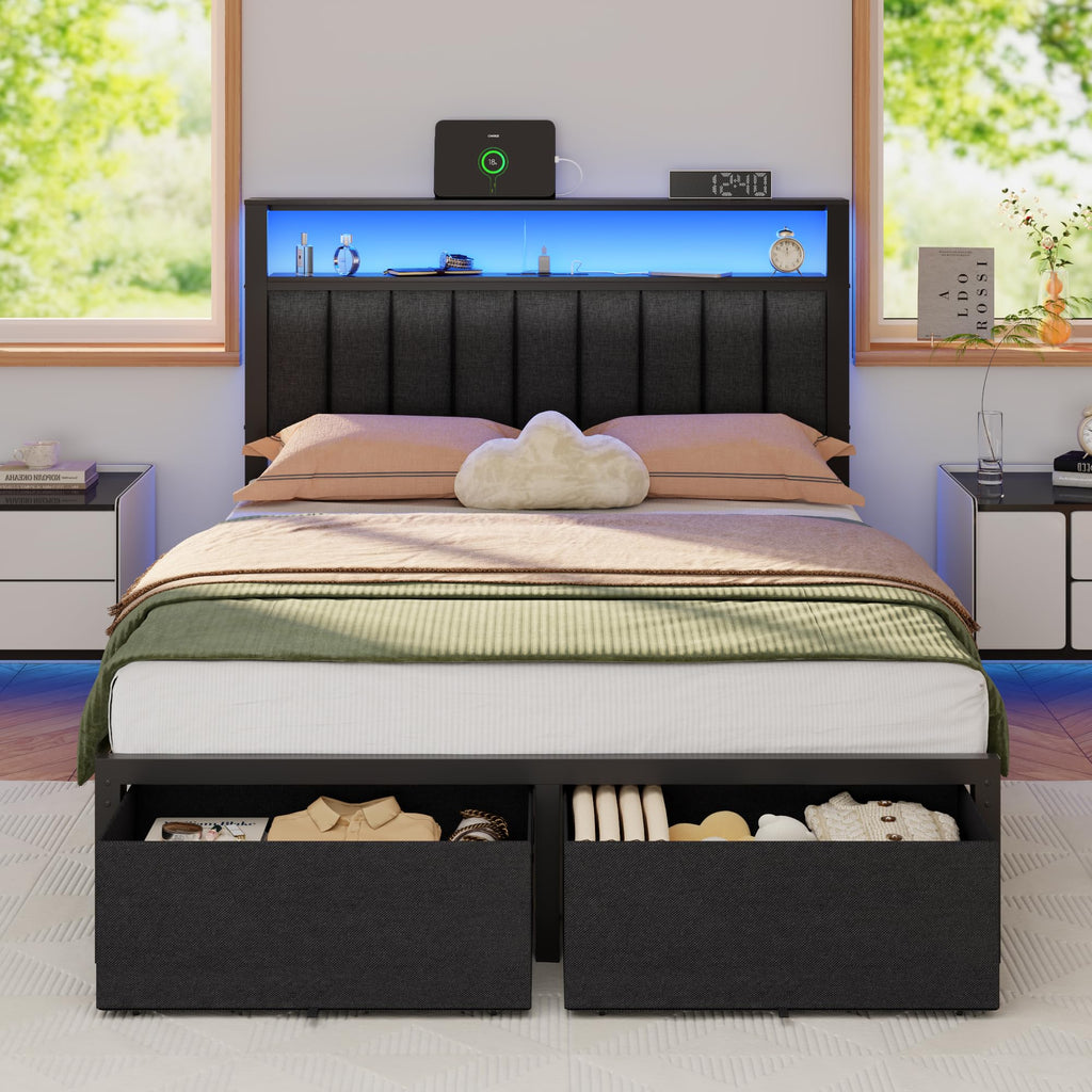 Full Size Bed Frame with Storage Drawers and Upholstered Headboard Y692758
