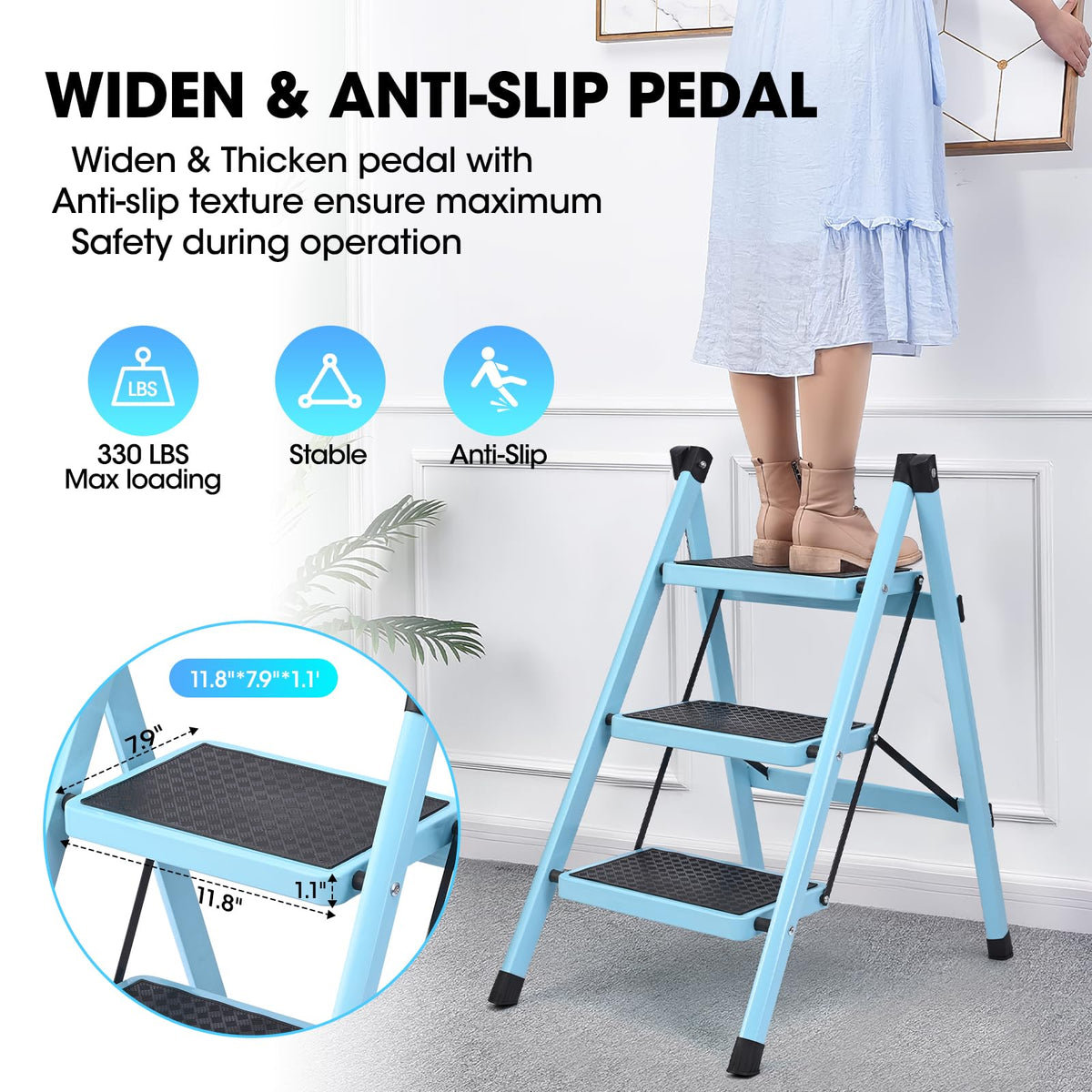 Folding Aluminum 3 Step Ladder 330 LBS Capacity Blue S242934