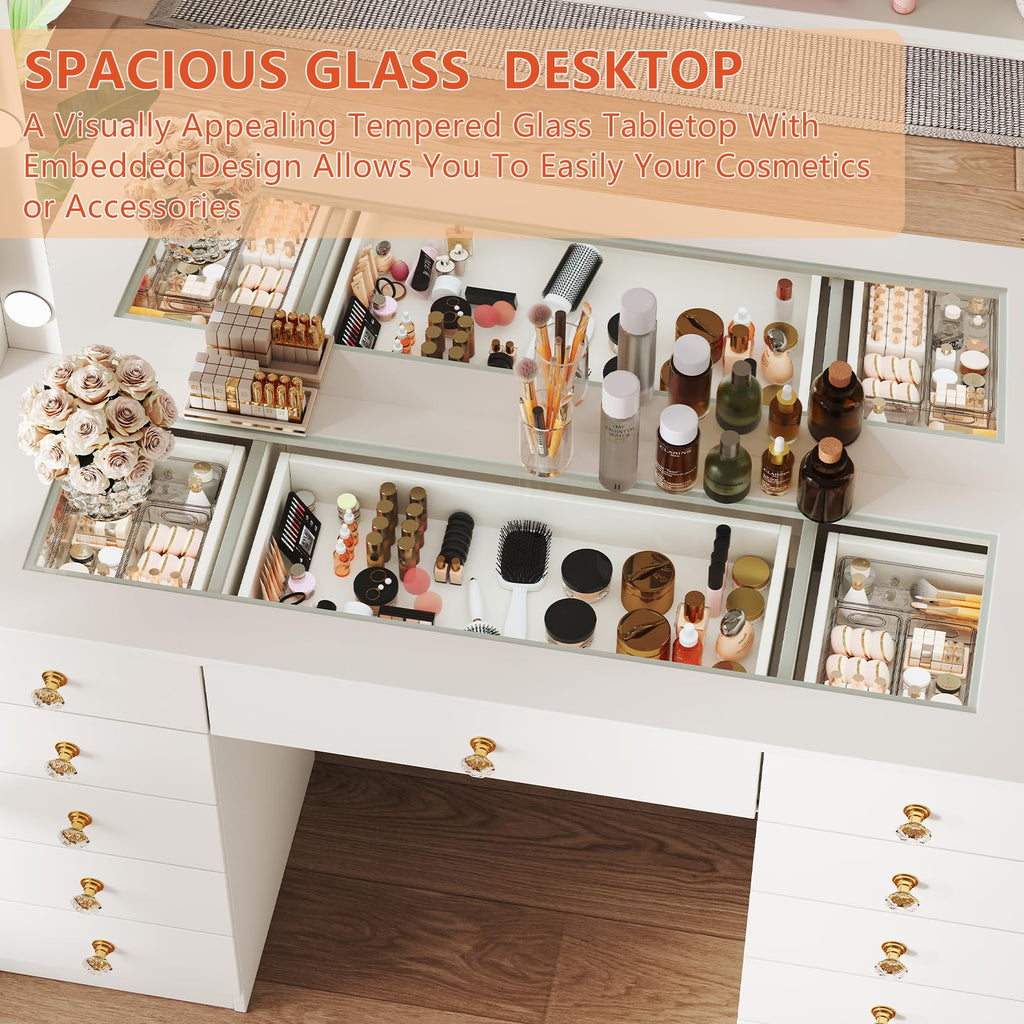 White Vanity Desk with Mirror and 10 LED Lights Y454916