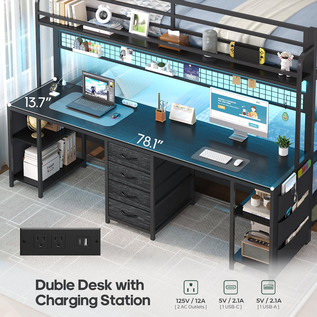 Twin Over Twin Bunk Bed with Desk and LED Lights V414773