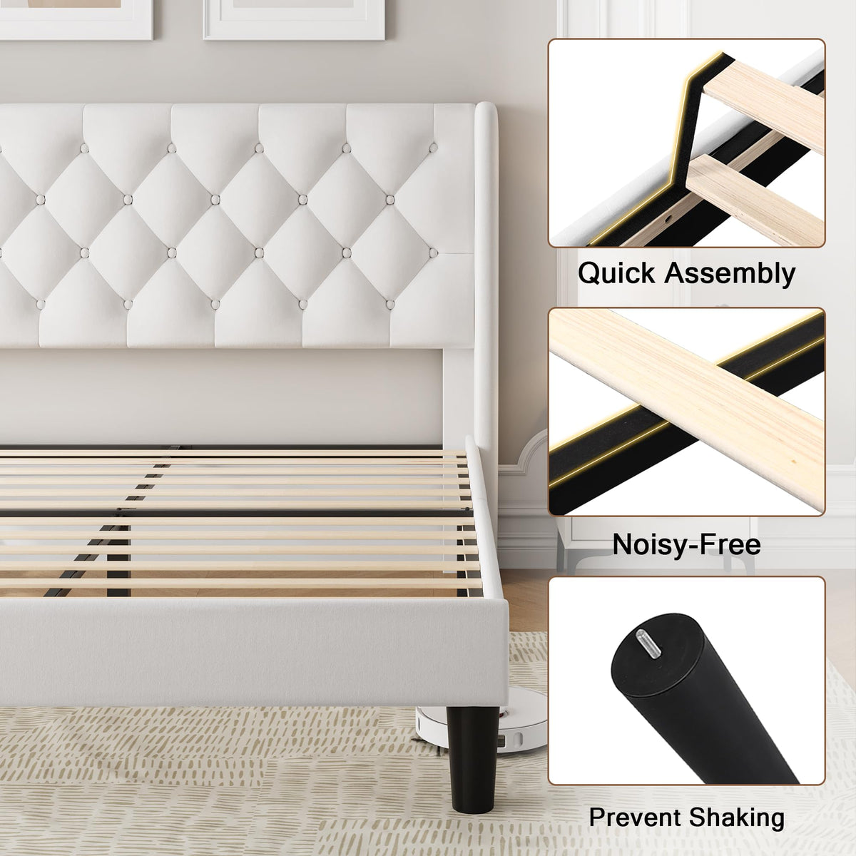 Queen Size Velvet Upholstered Platform Bed Frame with Wingback Headboard S27932