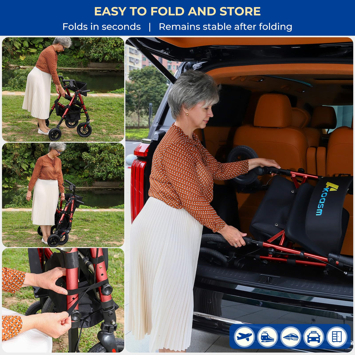 Foldable Rollator Walker with Seat, 2 in 1 Wheelchair Combo, Red F613582