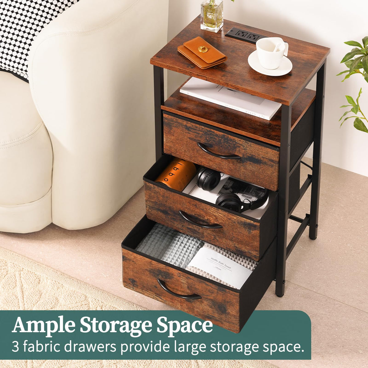 Red Brown Nightstand with Charging Station F674
