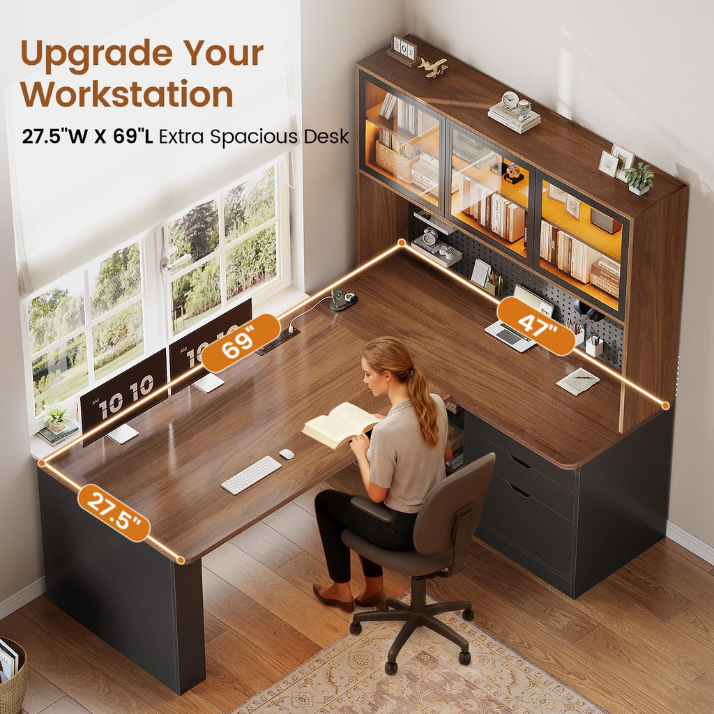 L Shaped Computer Desk with Drawer and Bookshelf L156