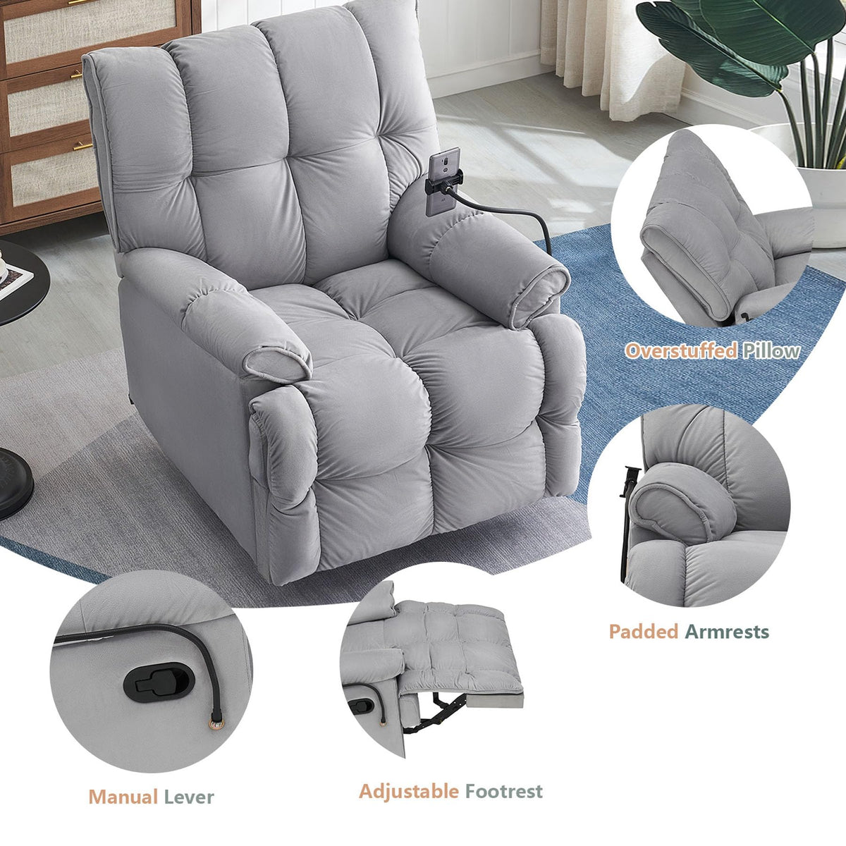 Gray Velvet Recliner Chair L776924