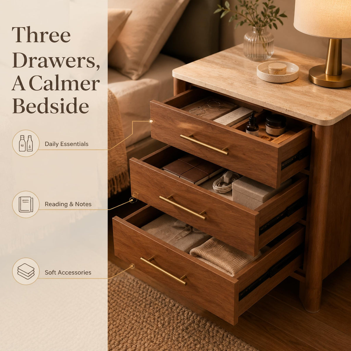 3 Drawer Marble Top Nightstand D976
