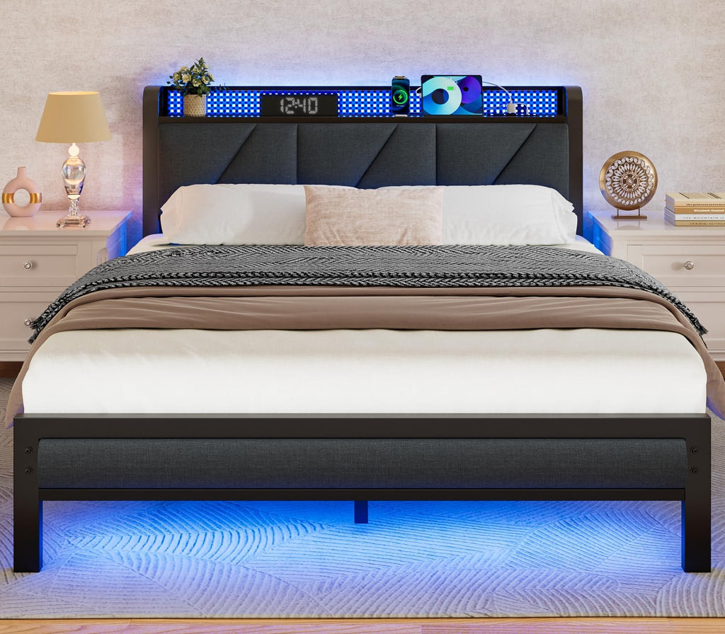 Full Size Bed Frame with Storage Shelf and Upholstered Headboard S90964