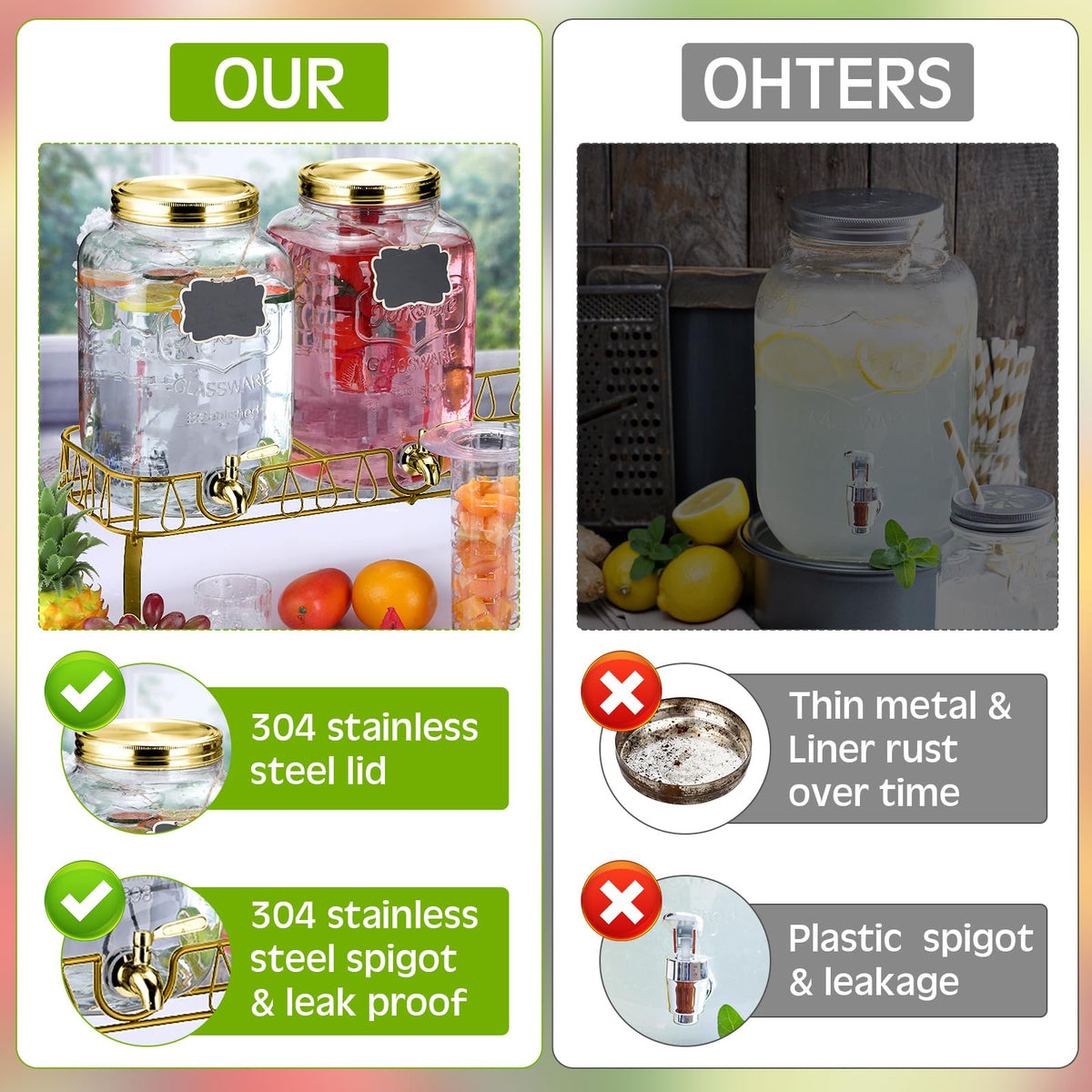 3 Pcs 2.5 Gallon Glass Beverage Dispensers with Stand M8748