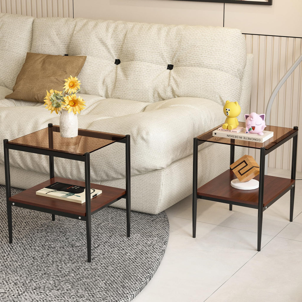 Glass End Table Set of 2 Brown Tempered Glass Black Iron Leg C18513