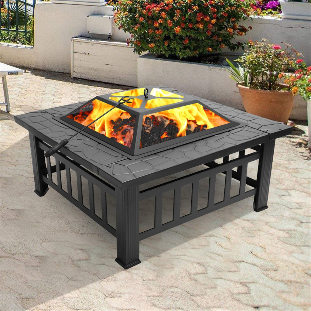 32 Inch Square Metal Wood Burning Fire Pit with Mesh Lid and Poker E3858