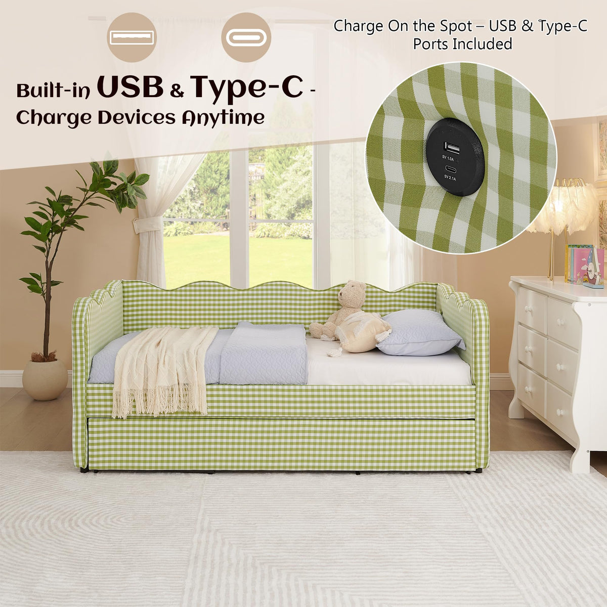 Twin Gingham Upholstered Daybed with Pop Up Trundle Bed O401